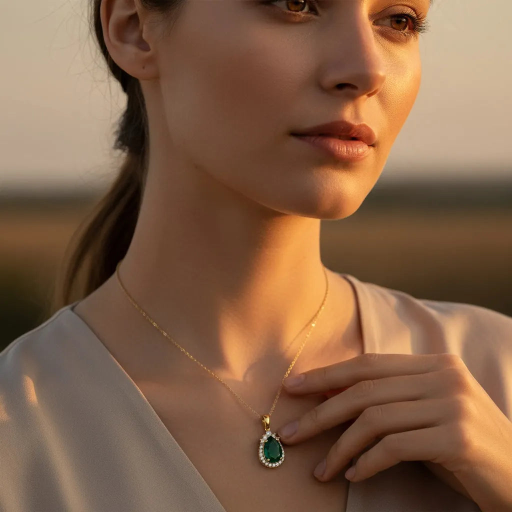 0,88 Karat Pırlantalı Zümrüt Kolye, F Renk SI - Venta Jewelry