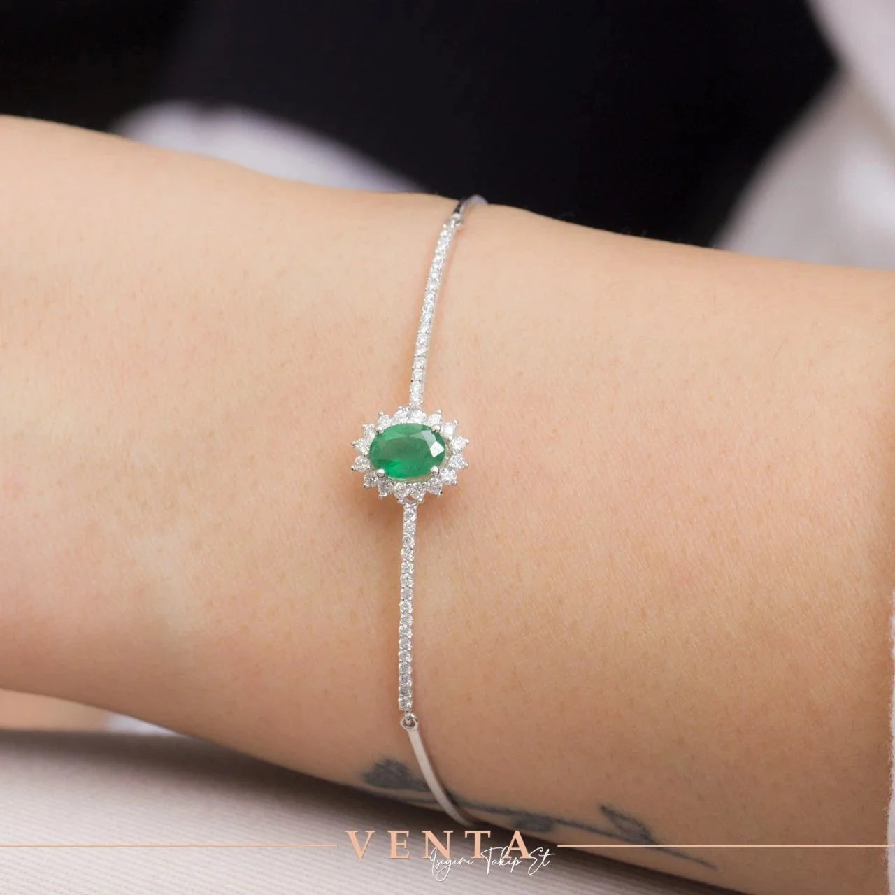 1,23 Karat Pırlantalı Zümrüt Bileklik "Feuille" - Venta Jewelry