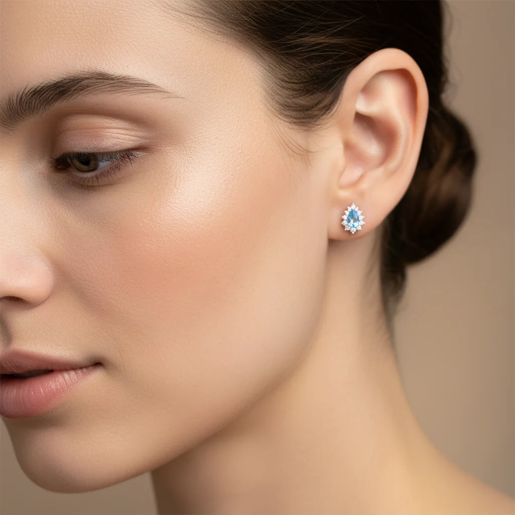 1,36 Karat Pırlantalı Blue Topaz Küpe - Venta Jewelry