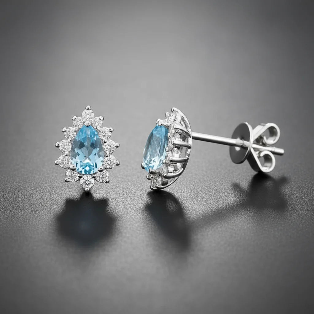 1,36 Karat Pırlantalı Blue Topaz Küpe - Venta Jewelry