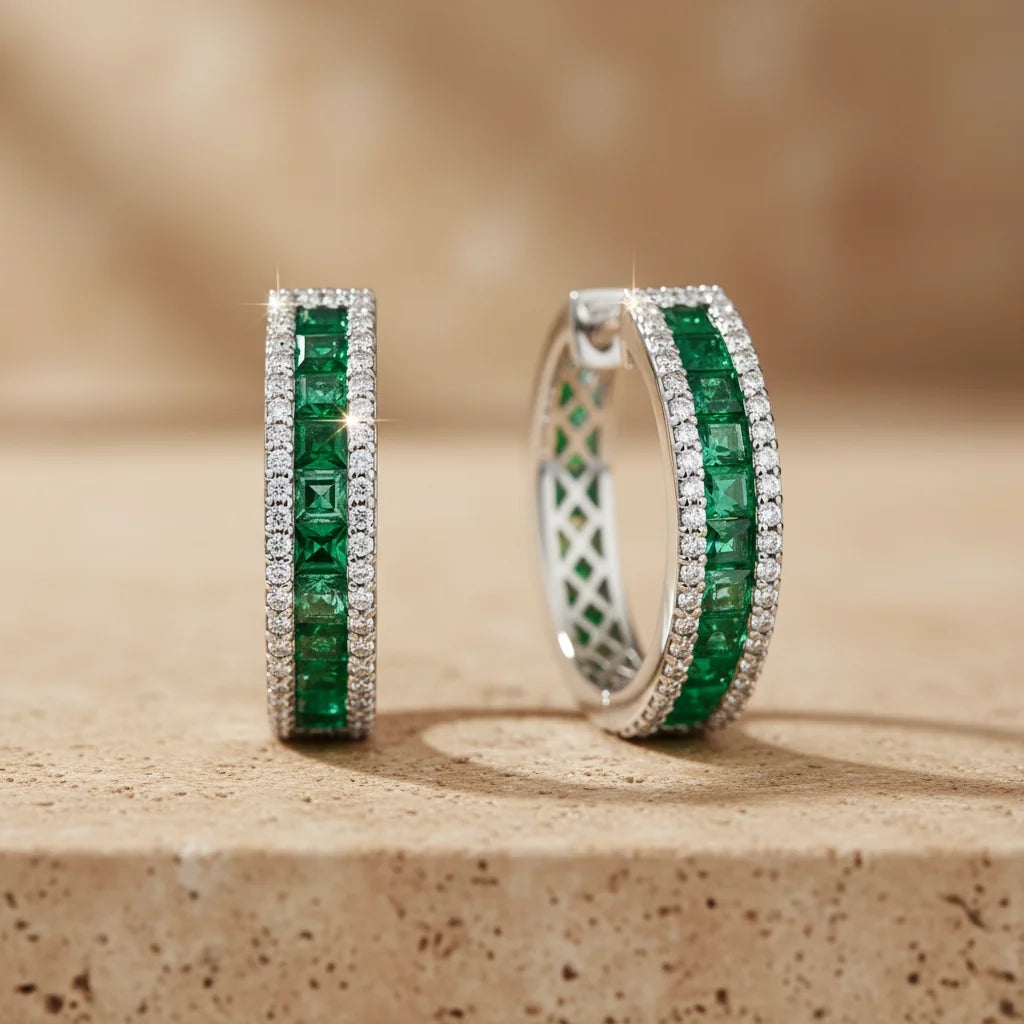 2,05 Karat Pırlantalı Zümrüt Halka Küpe - Venta Jewelry