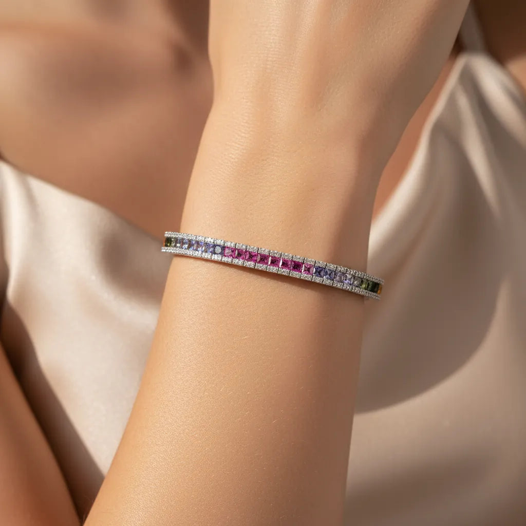 6,82 Karat Pırlanta Renkli Taşlı Su Yolu Bileklik "Rainbow", F Renk SI - Venta Jewelry
