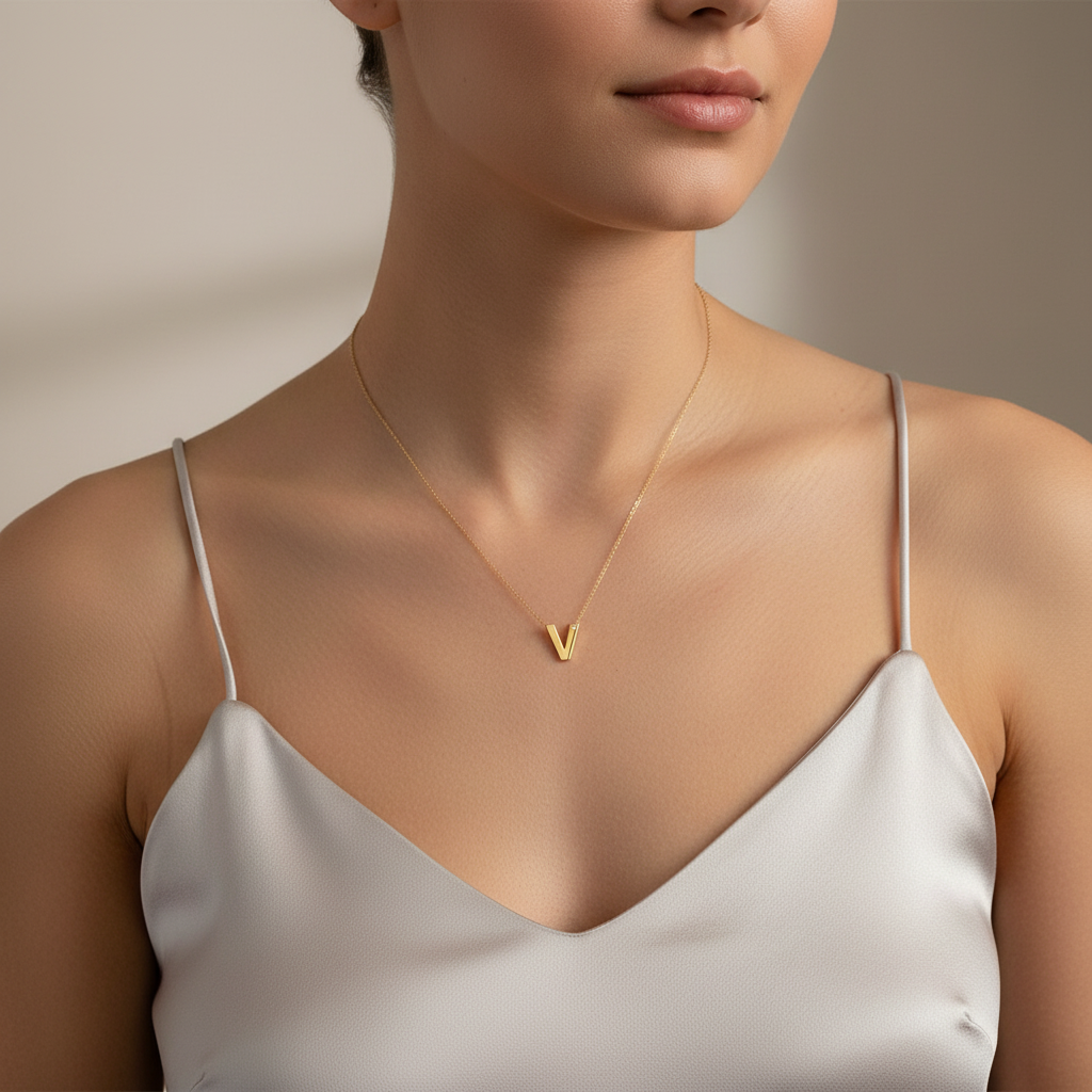 0,01 Karat Pırlantalı Harfli Kolye "V"