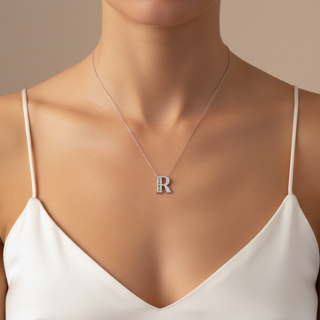 0,32 Karat Pırlantalı Baget Harfli Kolye "R"