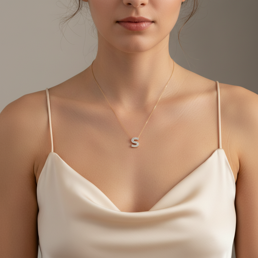 0,42 Karat Pırlantalı Baget Harfli Kolye "S"