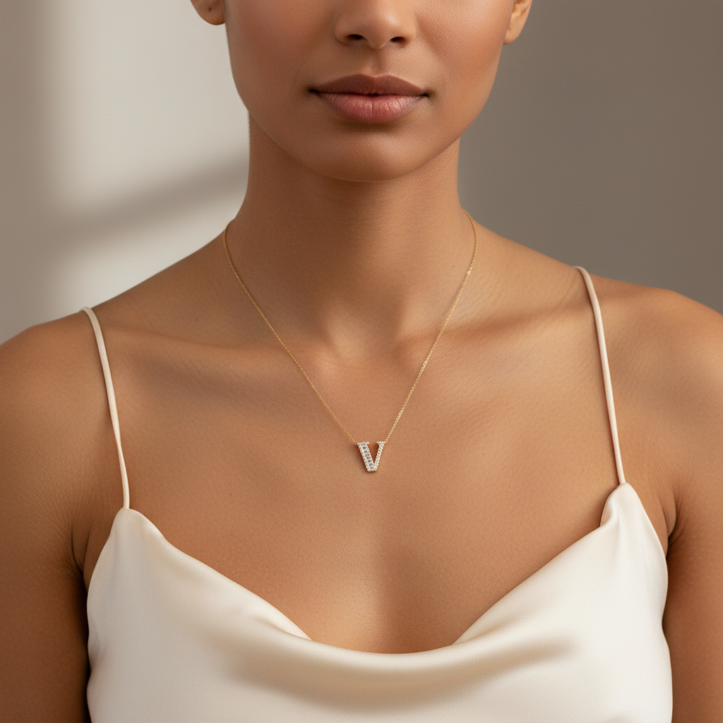 0,23 Karat Pırlantalı Baget Harfli Kolye "V"