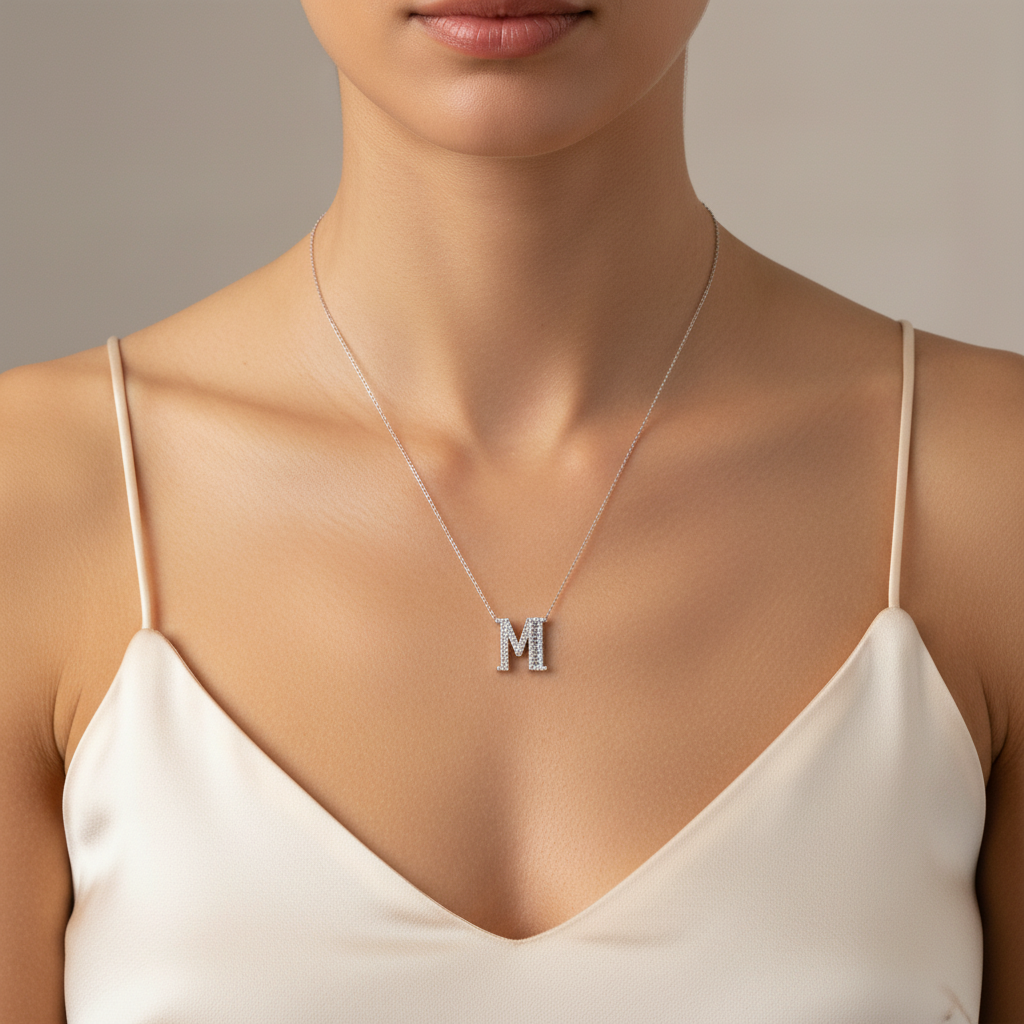 0,33 Karat Pırlantalı Baget Harfli Kolye "M"