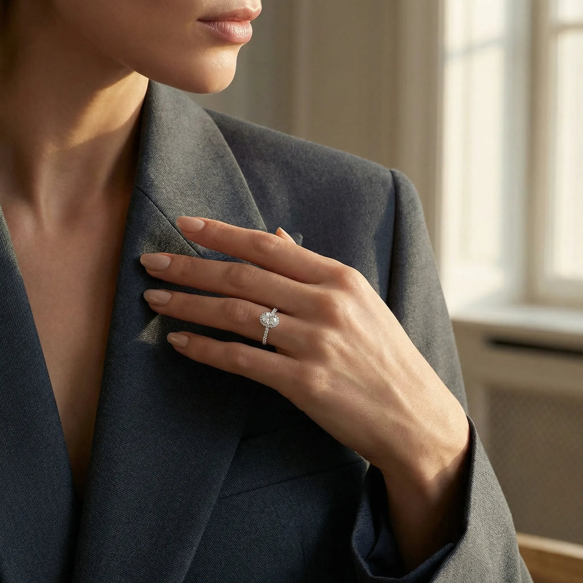 HRD Sertifikalı 0,62 Karat Oval Tektaş Pırlanta Yüzük, F Renk SI - Venta Jewelry

