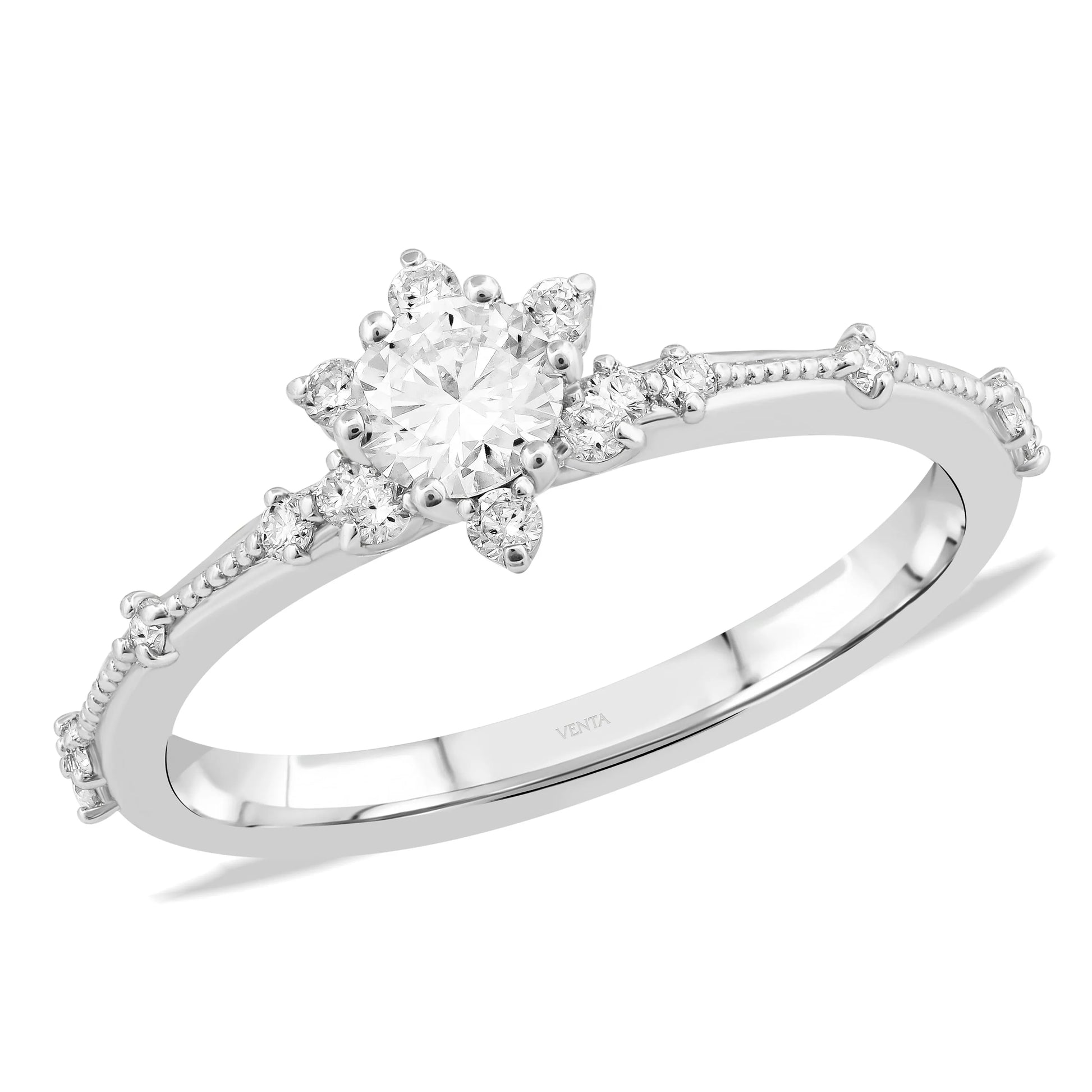 HRD Sertifikslı 0,47 Karat Tasarım Lotus Tektaş Pırlanta Yüzük, F Renk SI - Venta Jewelry
