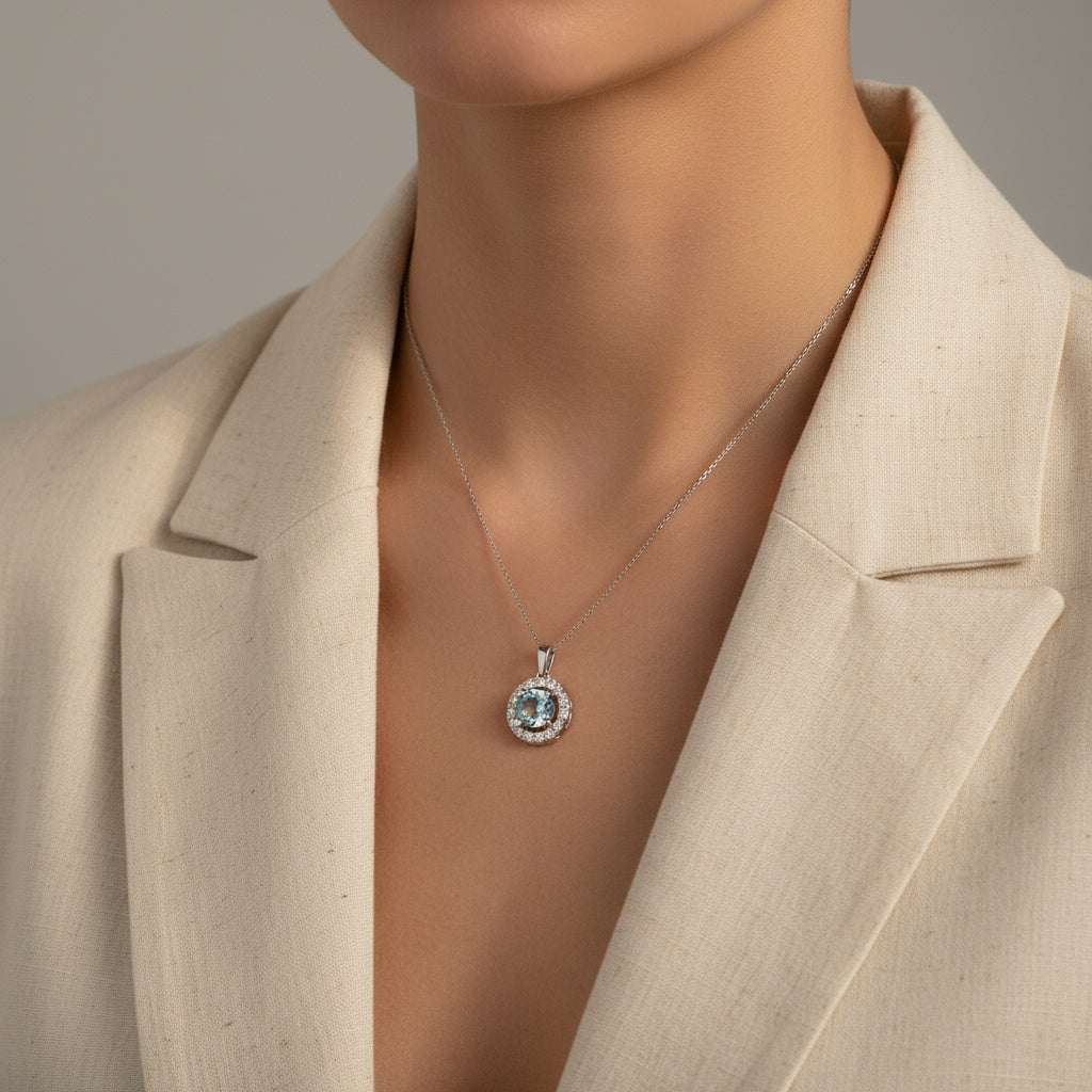 0,78 Karat Pırlantalı Aqua Marine Kolye