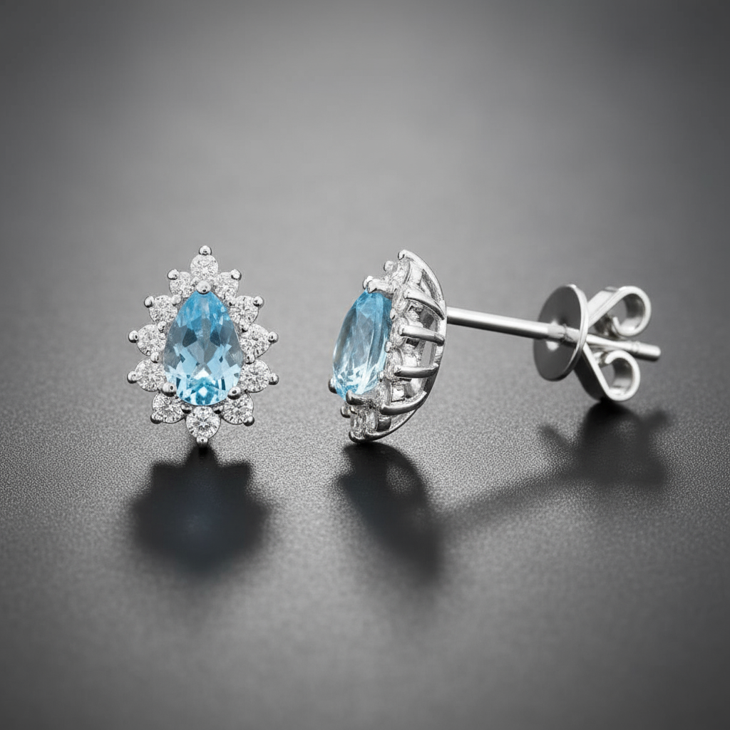 1,36 Karat Pırlantalı Blue Topaz Küpe