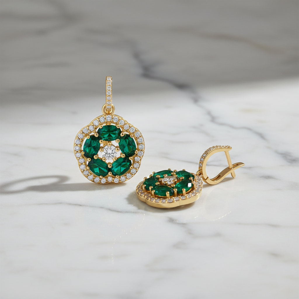 5,28 Karat Pırlanta Zümrüt Küpe